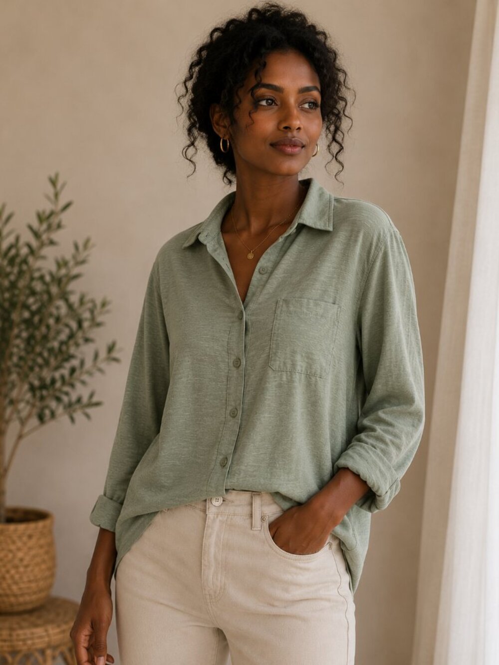 Cupio Sage Green Button Up Shirt Size L Lightweight Soft Casual Top